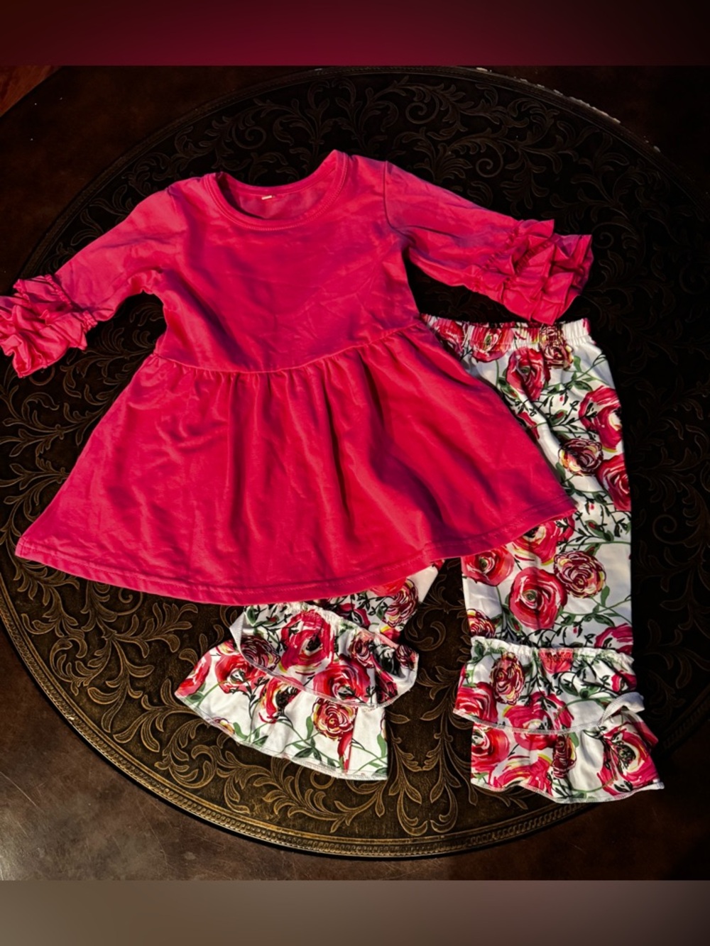 Girls Hot Pink Tunic & Floral Ruffle Pants Set